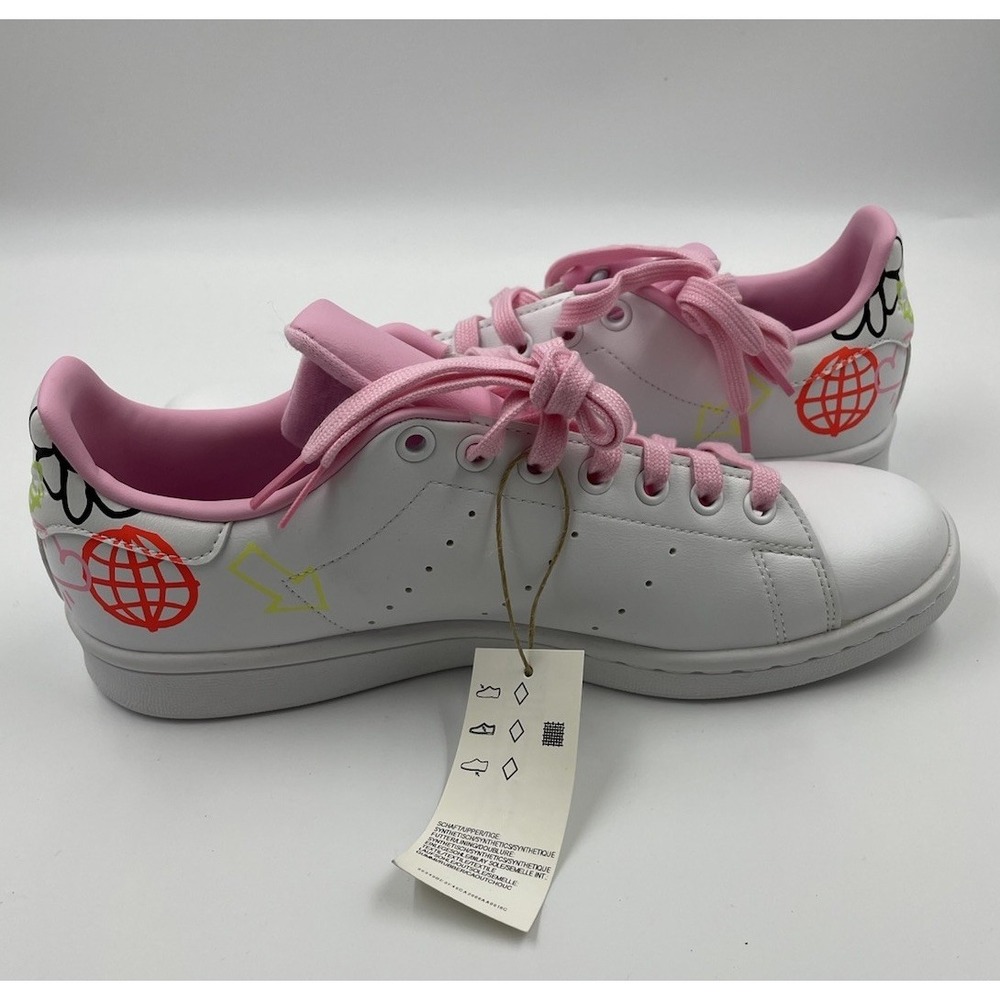 $100 Adidas Stan Smith Doodle White-Pink Sneakers Women's 9 Graphic New W Tags